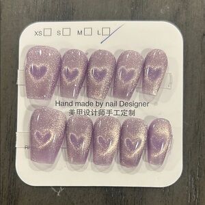 Large Size Cateye Glittery Purple Heart Nail Set